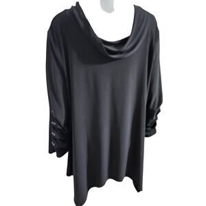 Yushi Top Tunic Blouse Black 3/4 Sleeve W/ Button Cowl Neck XL
